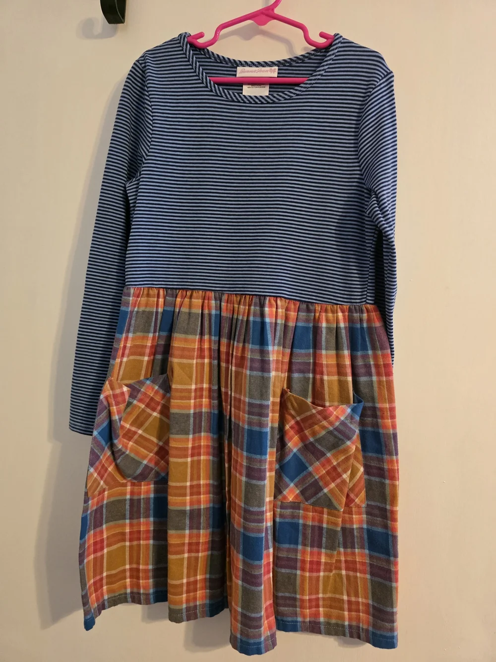 Bonnie Jean Blue Striped Top with Colorful Plaid Skirt Dress